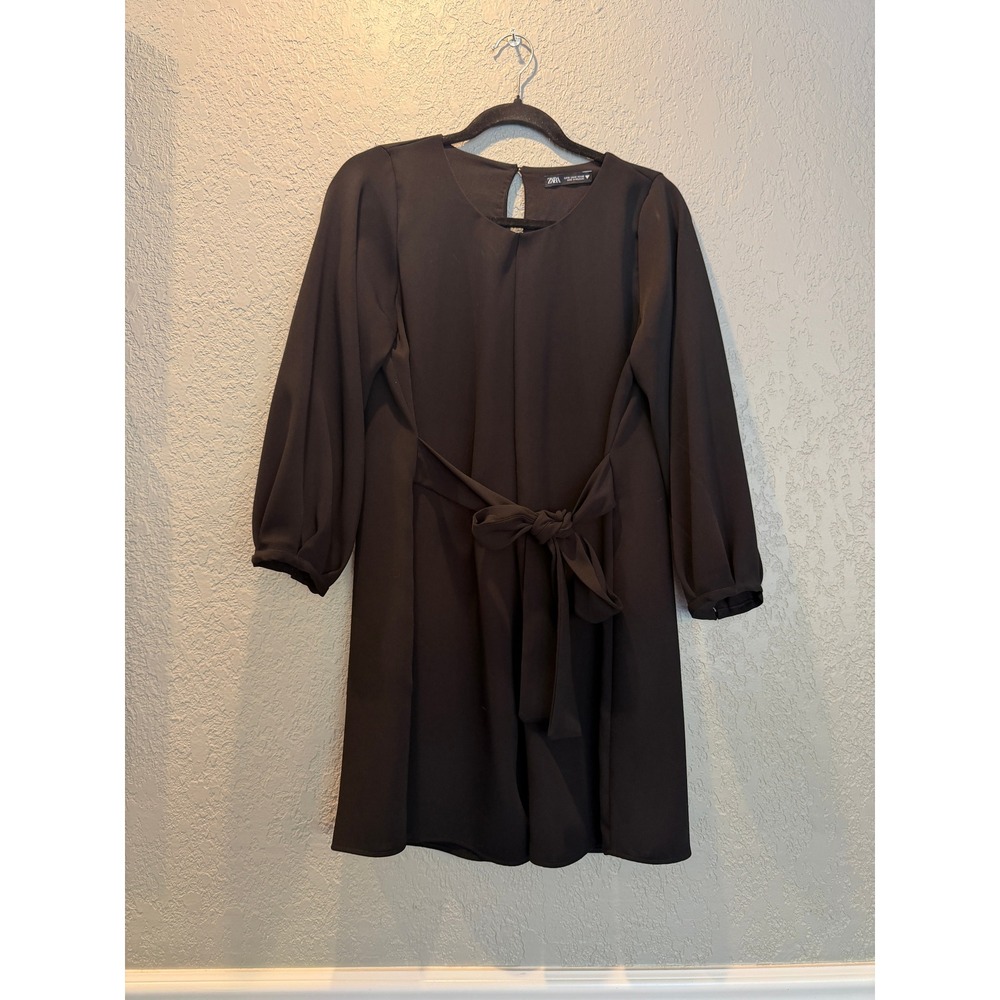 Zara Black Long Puff Sleeve Tie Waist Keyhole Back Mini Dress Medium